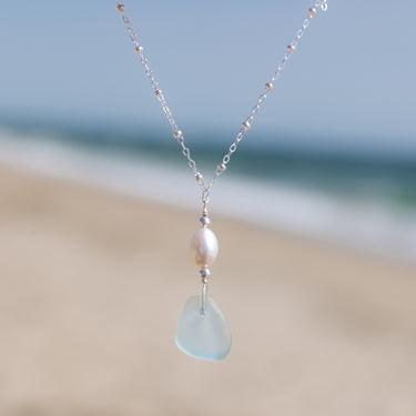 Aqua Blue Sea Glass + Baroque Pearl Necklace